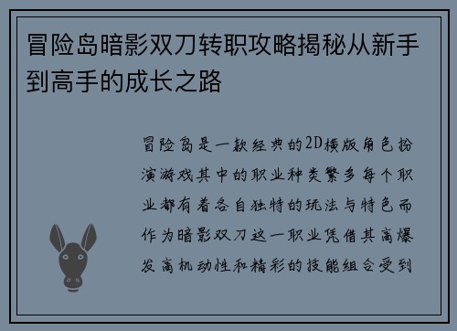 冒险岛暗影双刀转职攻略揭秘从新手到高手的成长之路