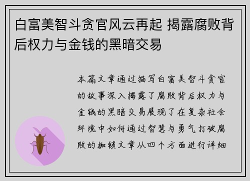 白富美智斗贪官风云再起 揭露腐败背后权力与金钱的黑暗交易